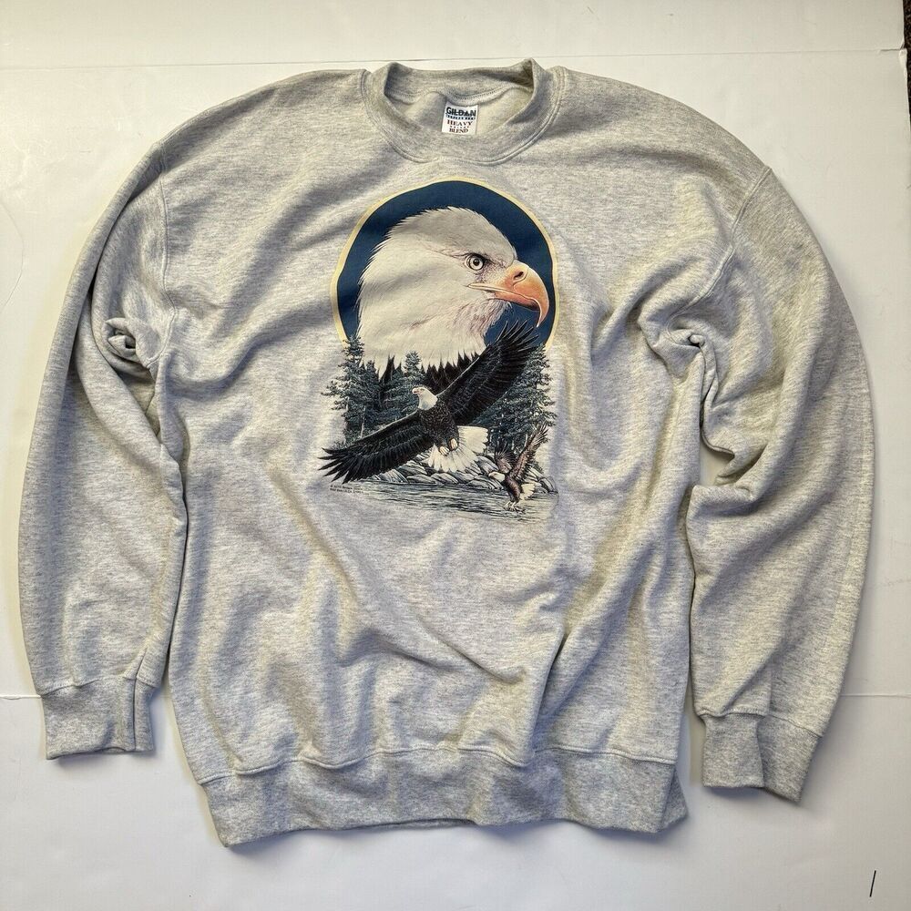 Vintage 90s Glidan Heavyweight Sweatshirt American Bald Eagle Large Grey EUC